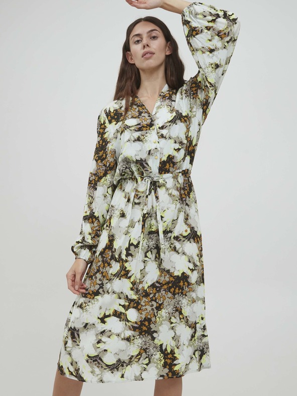 ICHI Καφέ και λευκό φλοράλ φόρεμα με γραβάτα ICHI