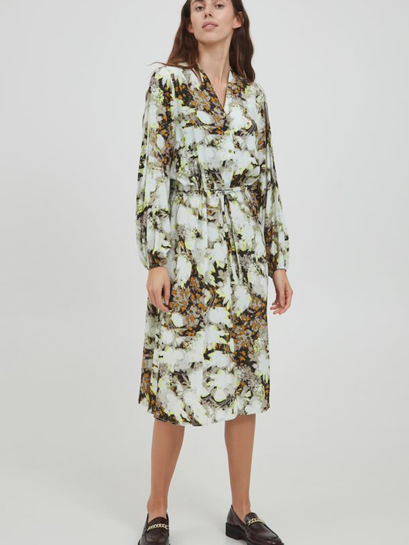 ICHI Καφέ και λευκό φλοράλ φόρεμα με γραβάτα ICHI