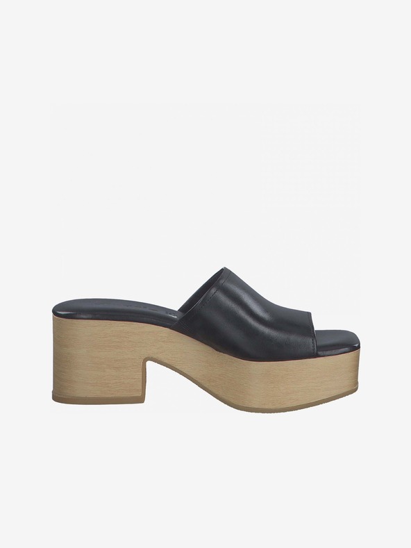 Tamaris Μαύρες δερμάτινες παντόφλες με τακούνι Tamaris