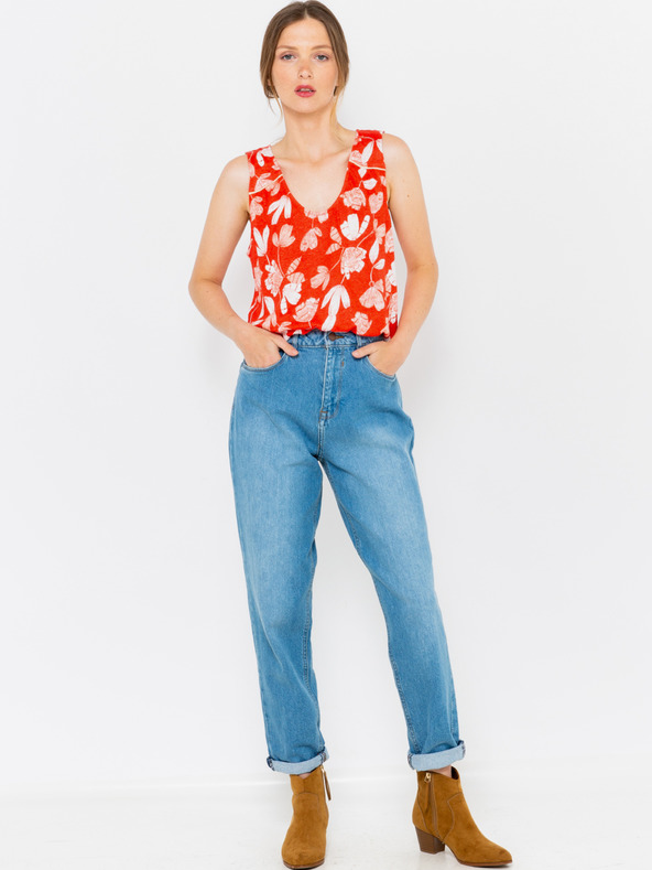 CAMAIEU Πορτοκαλί λινό μπλουζάκι με λουλούδια CAMAIEU