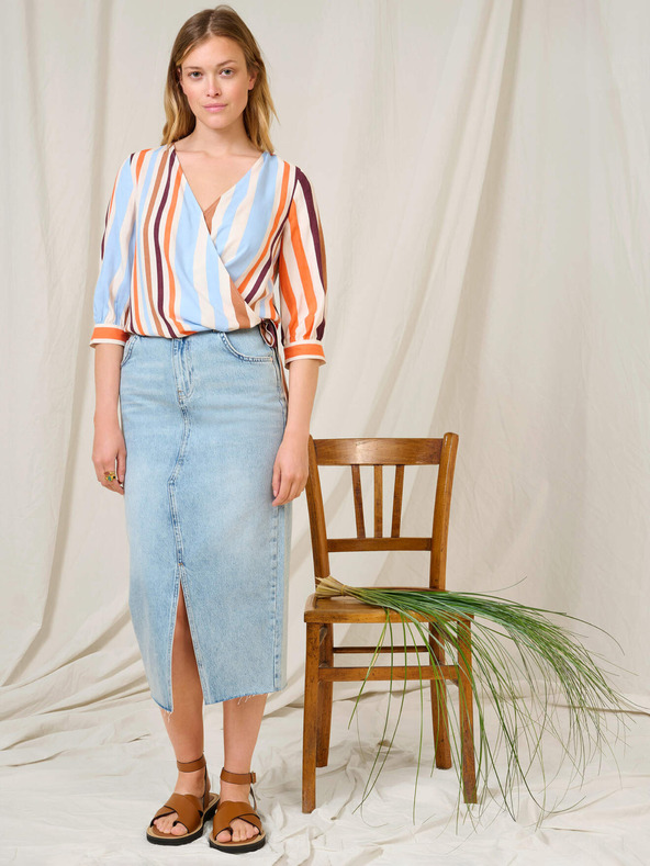 Orsay Μπλε-πορτοκαλί ριγέ κρουαζέ μπλούζα με τρίτο μανίκι ORSAY