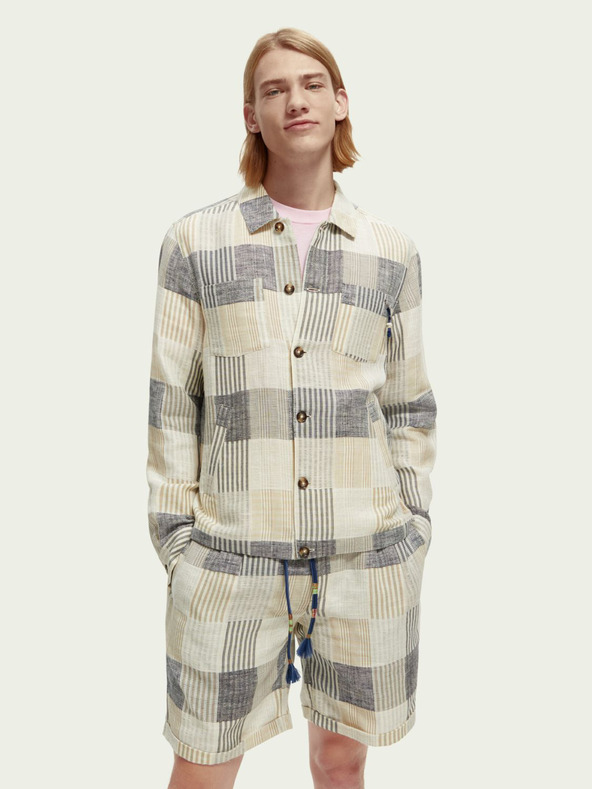 Scotch & Soda Scotch & Soda γκρι και κρεμ ανδρικό σακάκι από λινό καρό πουκάμισο