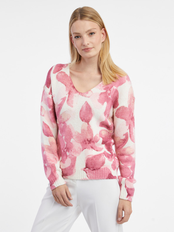 Orsay Ροζ και λευκό γυναικείο φλοράλ πουλόβερ ORSAY