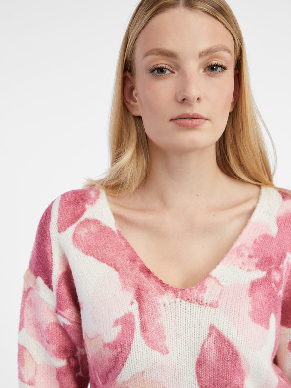 Orsay Ροζ και λευκό γυναικείο φλοράλ πουλόβερ ORSAY