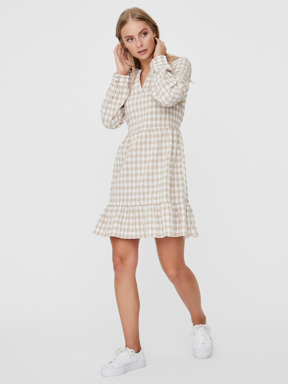 Vero Moda Λευκό και μπεζ καρό φόρεμα VERO MODA Kimi