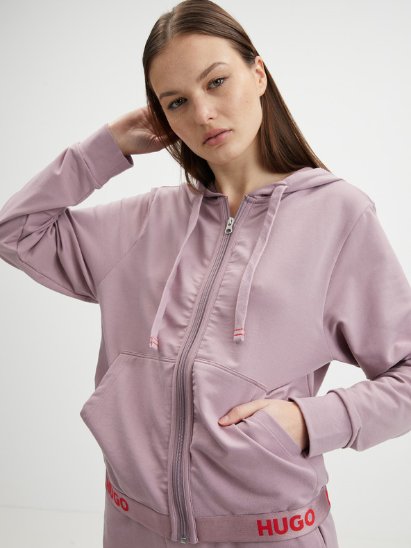 HUGO Γυναικείο φούτερ HUGO με κουκούλα και φερμουάρ σε ροζ χρώμα