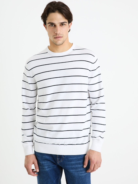 Celio Λευκό ανδρικό ριγέ βασικό πουλόβερ Celio Decoton