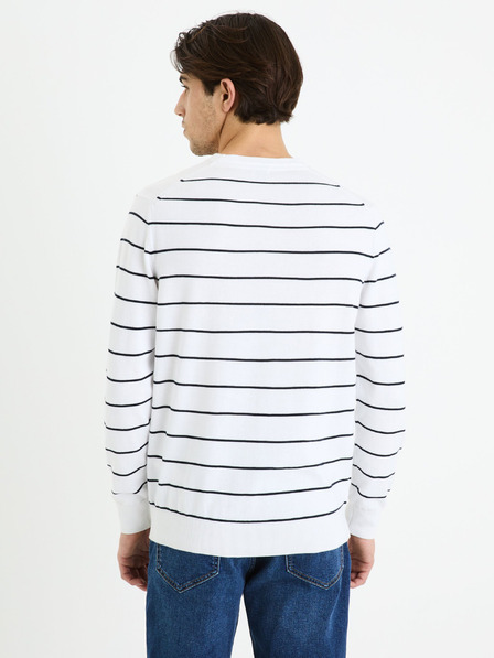 Celio Λευκό ανδρικό ριγέ βασικό πουλόβερ Celio Decoton
