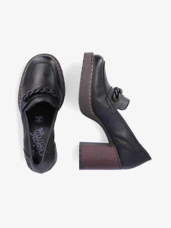 Rieker Μαύρα γυναικεία δερμάτινα loafers με τακούνι Rieker