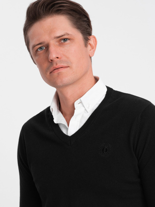 Ombre Clothing Ανδρικό μαύρο πουλόβερ με γιακά πουκάμισο Ombre Ρούχα