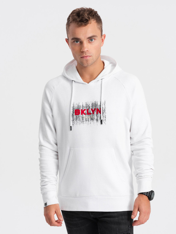 Ombre Clothing Λευκό ανδρικό τυπωμένο φούτερ με κουκούλα Ombre Clothing