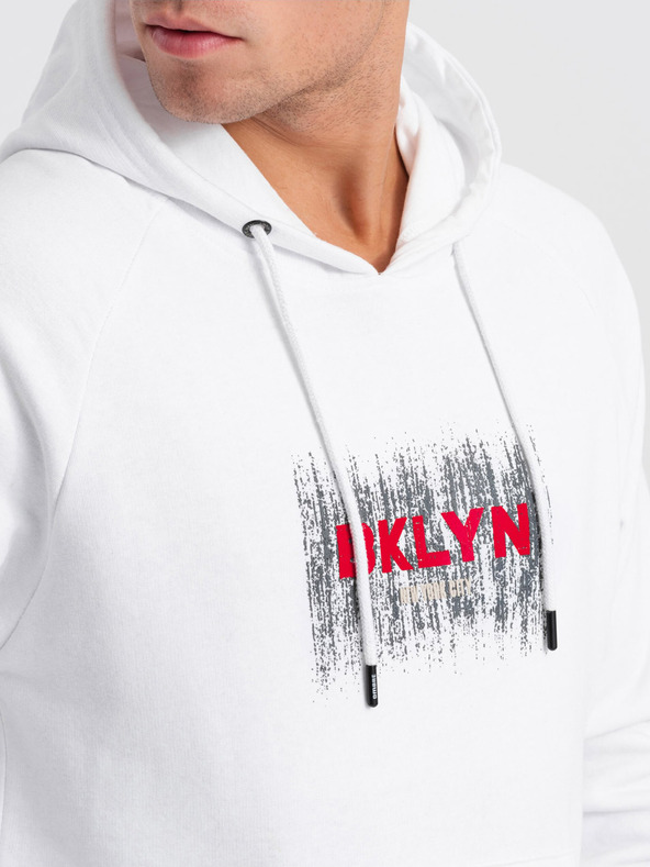 Ombre Clothing Λευκό ανδρικό τυπωμένο φούτερ με κουκούλα Ombre Clothing