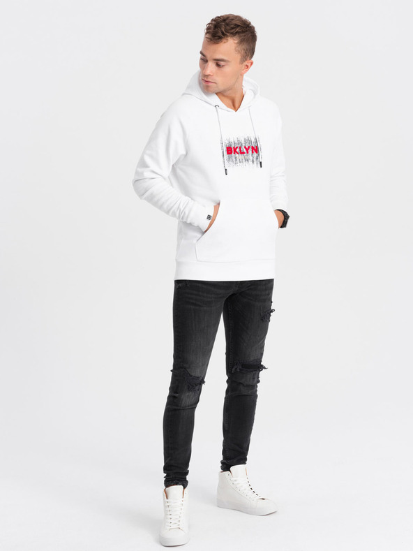 Ombre Clothing Λευκό ανδρικό τυπωμένο φούτερ με κουκούλα Ombre Clothing