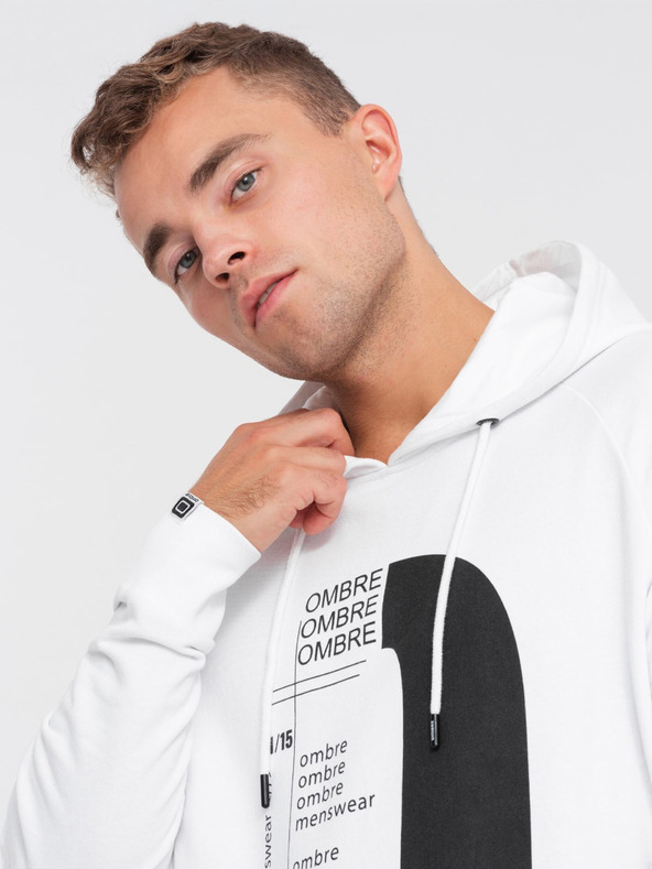 Ombre Clothing Λευκό ανδρικό τυπωμένο φούτερ με κουκούλα Ombre Clothing