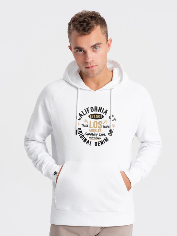 Ombre Clothing Λευκό ανδρικό τυπωμένο φούτερ με κουκούλα Ombre Clothing