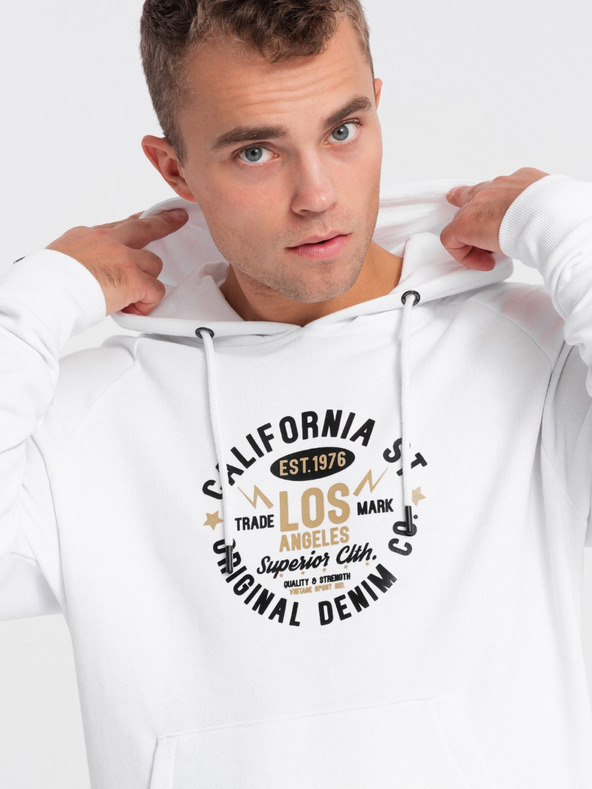 Ombre Clothing Λευκό ανδρικό τυπωμένο φούτερ με κουκούλα Ombre Clothing