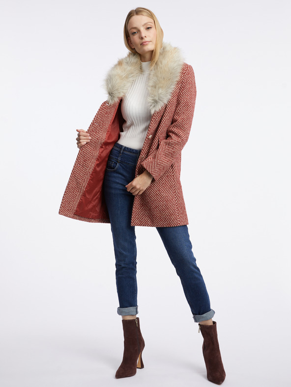 Orsay Κόκκινο γυναικείο παλτό με σχέδιο και faux γούνα ORSAY
