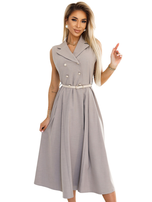 numoco Κομψό μίντι φόρεμα πουκάμισο με χρυσά κουμπιά και ζώνη - καφέ