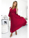 numoco 414-9 KLARA Πτυχωτό φόρεμα με ζώνη και λαιμόκοψη - Χρώμα μπορντό