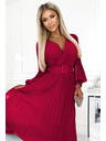 numoco 414-9 KLARA Πτυχωτό φόρεμα με ζώνη και λαιμόκοψη - Χρώμα μπορντό