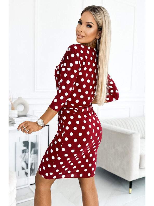 numoco 13-164 Αθλητικό φόρεμα με δέσιμο και τσέπες - μπορντό + πουά