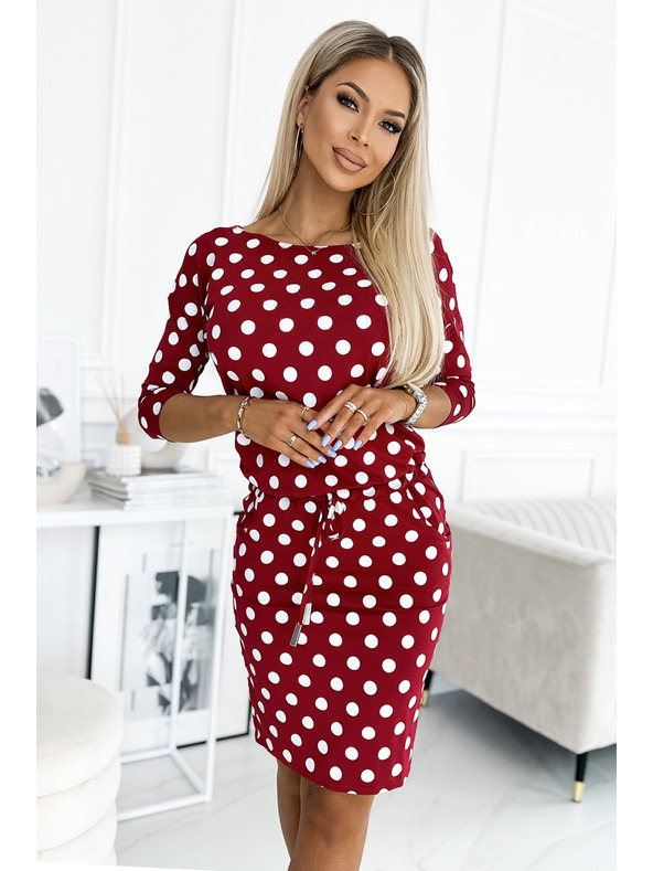 numoco 13-164 Αθλητικό φόρεμα με δέσιμο και τσέπες - μπορντό + πουά