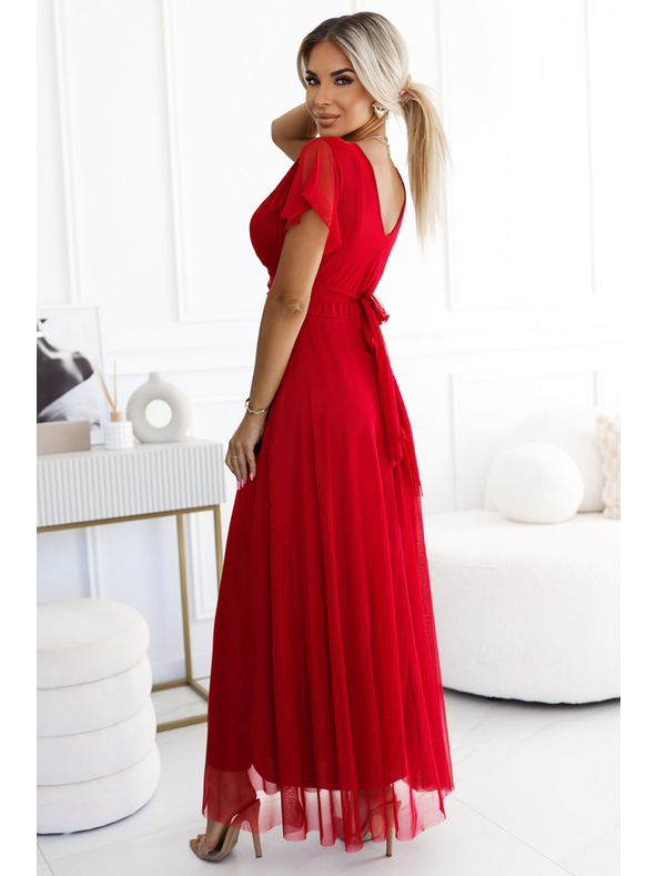 numoco 562-7 NASTIA Μακρύ φόρεμα με ντεκολτέ και κοντό μανίκι - κόκκινο
