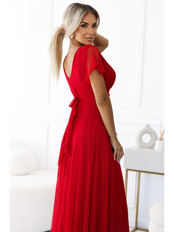 numoco 562-7 NASTIA Μακρύ φόρεμα με ντεκολτέ και κοντό μανίκι - κόκκινο