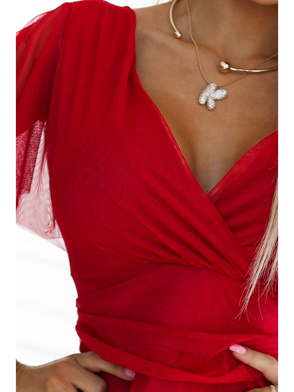 numoco 562-7 NASTIA Μακρύ φόρεμα με ντεκολτέ και κοντό μανίκι - κόκκινο