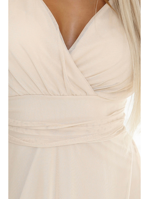 numoco 562-6 NASTIA Μακρύ φόρεμα με ντεκολτέ και κοντό μανίκι - μπεζ