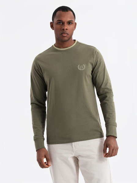 Ombre Clothing Ανδρικό βαμβακερό t-shirt με μακρύ μανίκι, ριγέ λαιμόκοψη U και κέντημα Ombre Clothing