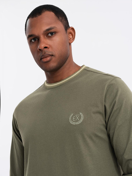 Ombre Clothing Ανδρικό βαμβακερό t-shirt με μακρύ μανίκι, ριγέ λαιμόκοψη U και κέντημα Ombre Clothing