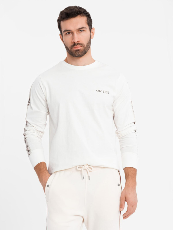 Ombre Clothing Ανδρικό βαμβακερό t-shirt με μακρύ μανίκι και επένδυση και τύπωμα στο στήθος Ombre Clothing