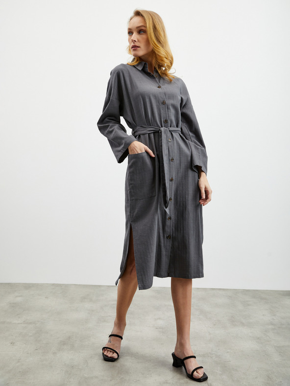 ZOOT.lab Γκρι σκούρο γυναικείο φόρεμα πουκάμισο με λινό ZOOT.lab Darsha