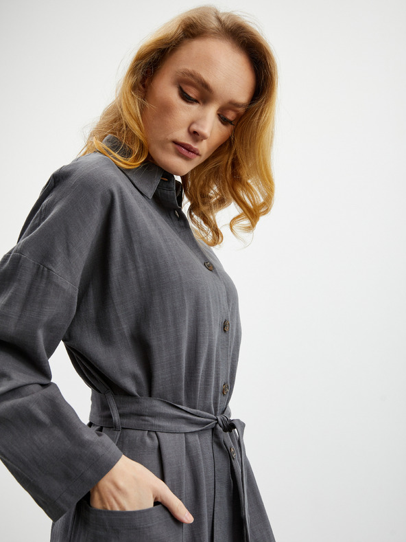 ZOOT.lab Γκρι σκούρο γυναικείο φόρεμα πουκάμισο με λινό ZOOT.lab Darsha