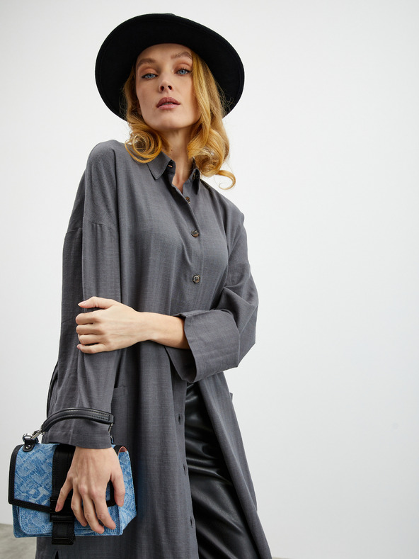 ZOOT.lab Γκρι σκούρο γυναικείο φόρεμα πουκάμισο με λινό ZOOT.lab Darsha